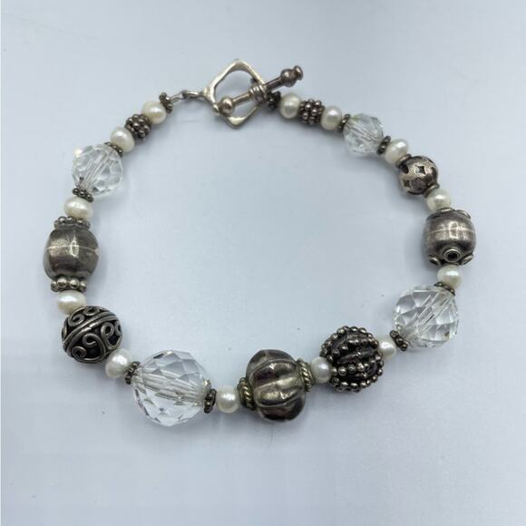925 Silver & Clear Glass Beads Beaded Bracelet Marked Charms - Picture 1 of 5